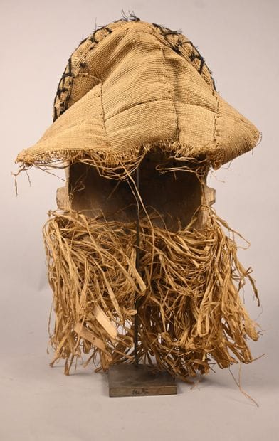 Pende mask with textile headdress and plant...