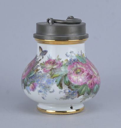 Polychrome porcelain tobacco jar with a pewter...