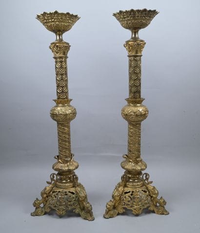 Pair of large gilded brass church candlesticks,...