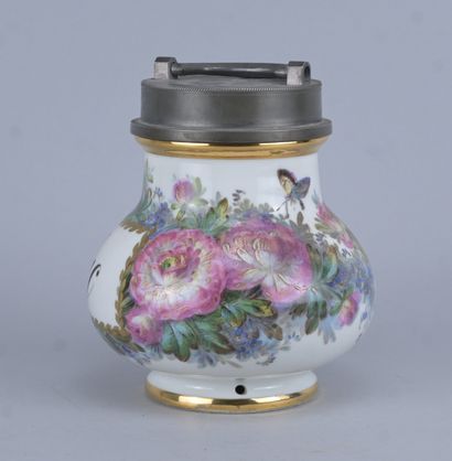 Polychrome porcelain tobacco jar with a pewter...