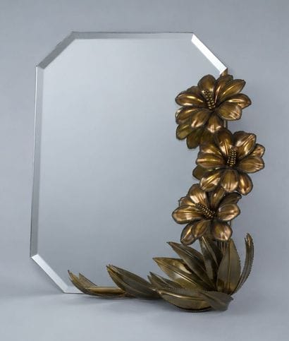 Wall mirror with gilded metal flowers attributed...