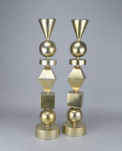 Pair of designer aluminum candlesticks, circa...