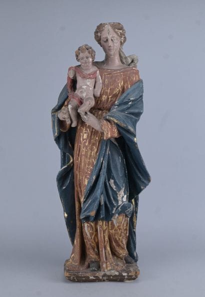 Carved and polychrome wooden Virgin and Child,...