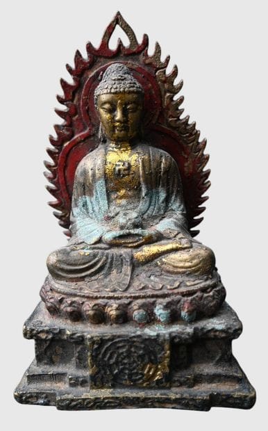 Seated Buddha in polychrome bronze, Qing...