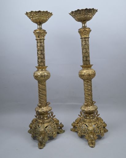 Pair of large gilded brass church candlesticks,...