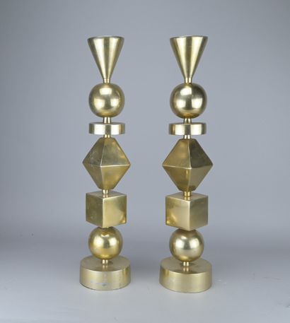 Pair of designer aluminum candlesticks, circa...
