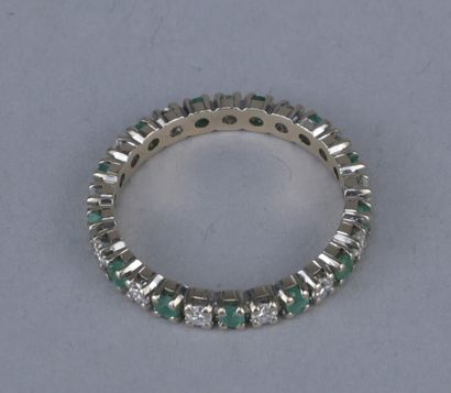 18K Gold Wedding Band with Emeralds and Brilliant-Cut...