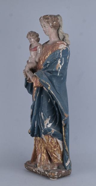 Carved and polychrome wooden Virgin and Child,...