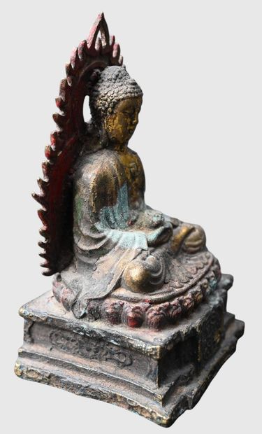 Seated Buddha in polychrome bronze, Qing...