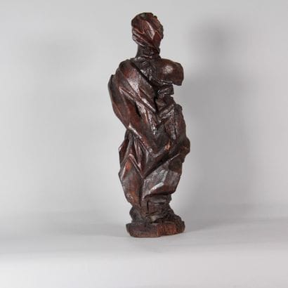 Carved Lightwood Saint with Brown Patina...