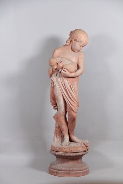 Young Shepherdess with a Lamb – Large Terracotta...