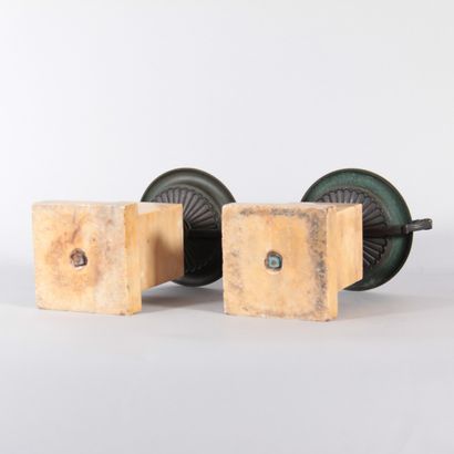 Pair of patinated bronze bowls on Siena marble...
