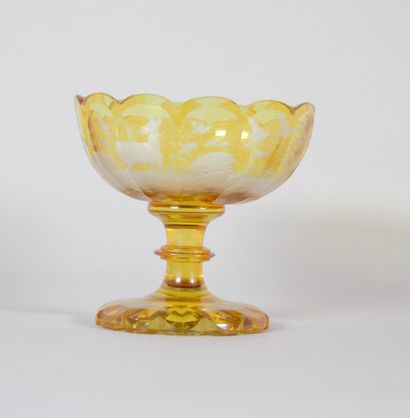 Amber-colored Bohemian crystal stemmed goblet...