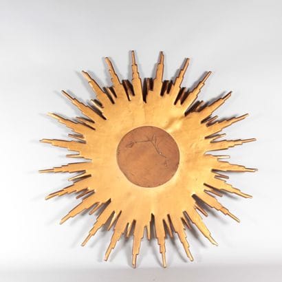 Large gilded wooden sun mirror with convex...