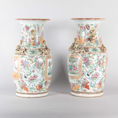 Pair of Canton porcelain vases with Famille...