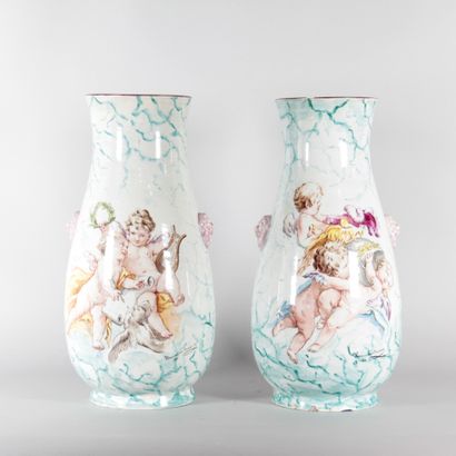 Pair of large polychrome earthenware vases,...