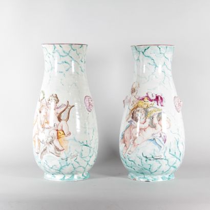 Pair of large polychrome earthenware vases,...