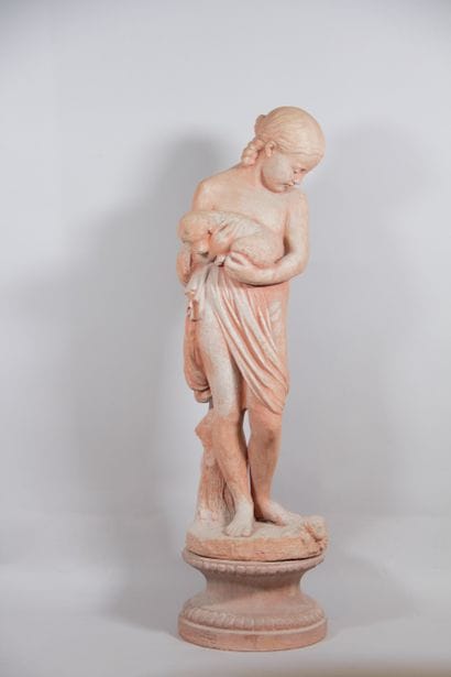Young Shepherdess with a Lamb – Large Terracotta...