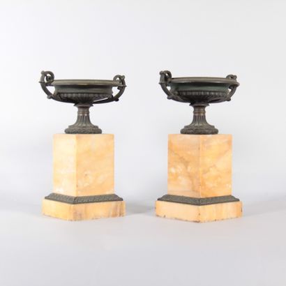 Pair of patinated bronze bowls on Siena marble...