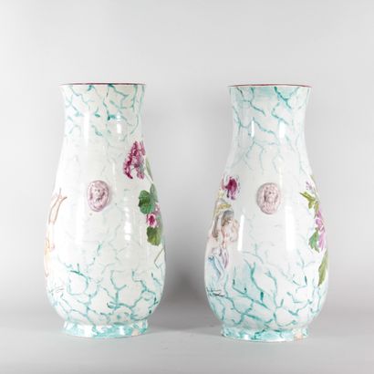 Pair of large polychrome earthenware vases,...