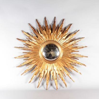 Large gilded wooden sun mirror with convex...