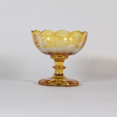 Amber-colored Bohemian crystal stemmed goblet...