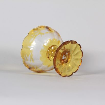 Amber-colored Bohemian crystal stemmed goblet...