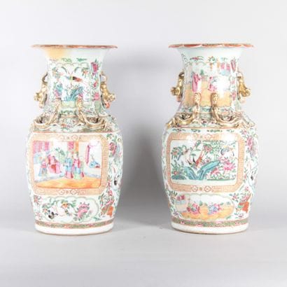 Pair of Canton porcelain vases with Famille...