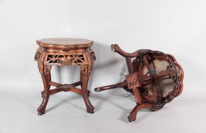 Pair of Chinese carved wooden stools with...