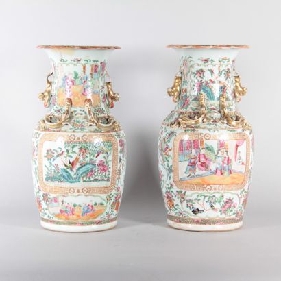 Pair of Canton porcelain vases with Famille...