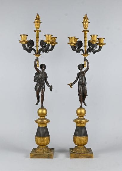 Pair of Empire / Charles X gilt bronze and...