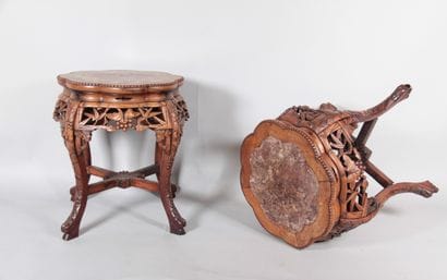 Pair of Chinese carved wooden stools with...