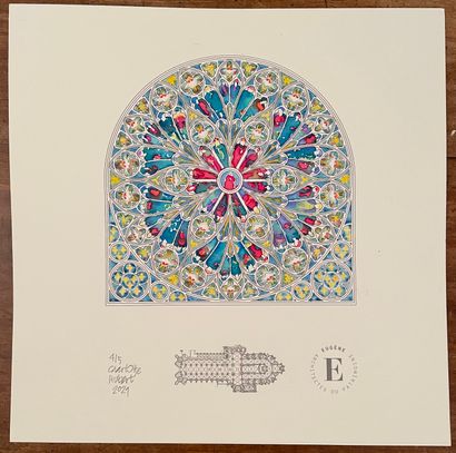 
Aquarelle représentant la Rose Sud de l’abbatiale...