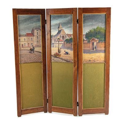 Three-leaf wooden screen, the upper part...