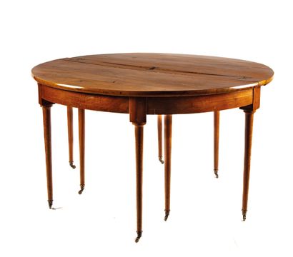 Natural wood half-moon table with drop-leaf...