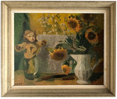 ABEL - XXe 
Nature morte au petit lion.
Huile...