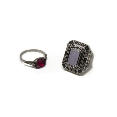 Set of two silver rings, one with geometric...