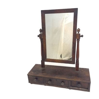 Natural wood tabletop chest with three drawers.
19th...