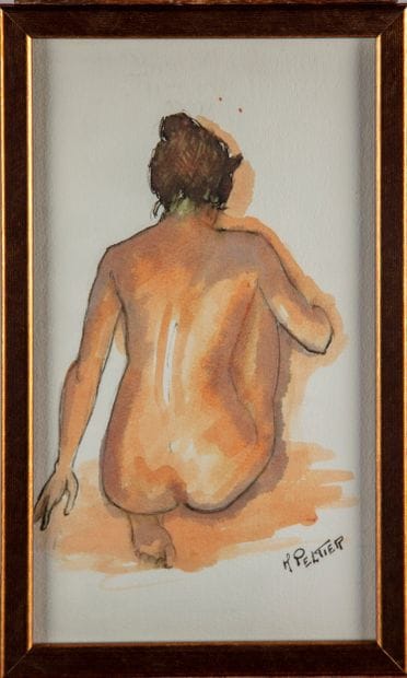 Marcel PELTIER (1924-1998) 
Nu assis au chignon,...