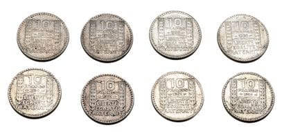 Lot de 8 pièces en argent, 10 Francs Turin...