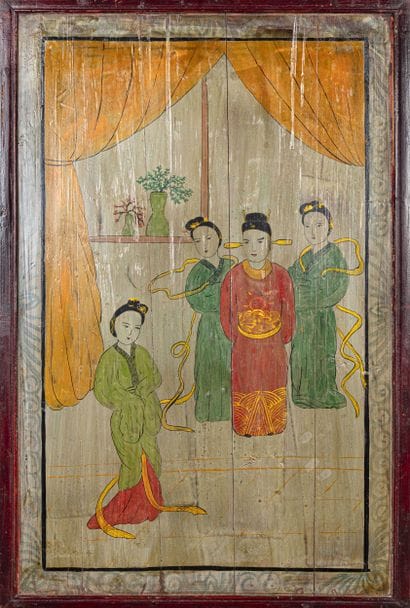 CHINA
Decorative wooden panel featuring figures...