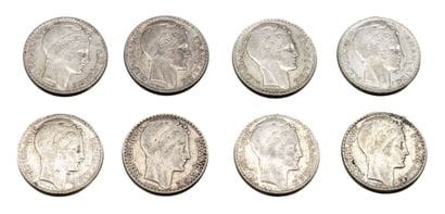 Lot de 8 pièces en argent, 10 Francs Turin...