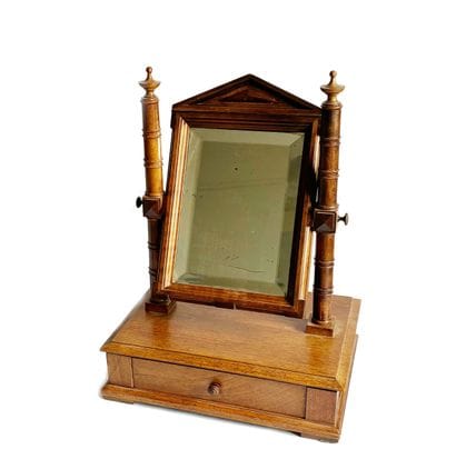 Natural wood tabletop vanity. Tilting mirror...