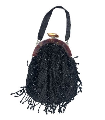 Black fabric pouch, embroidered with beads,...