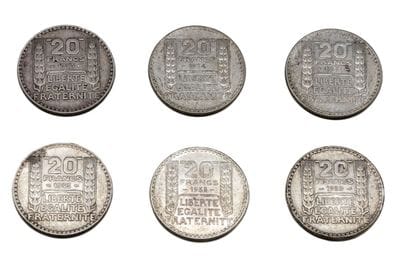Lot de 6 pièces en argent, 20 Francs Turin...