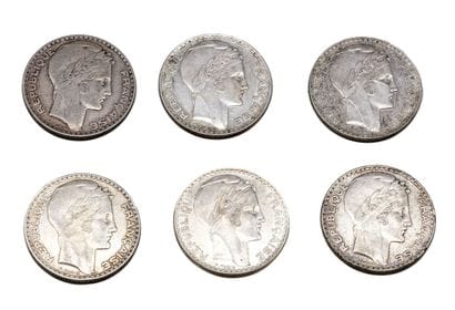 Lot de 6 pièces en argent, 20 Francs Turin...