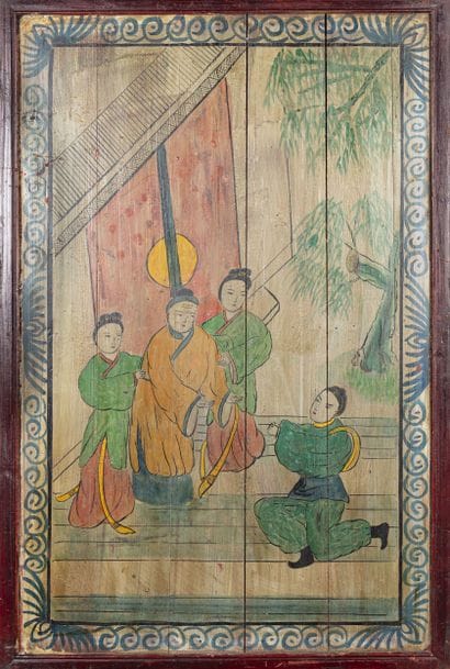 CHINA
Decorative wooden panel featuring figures...