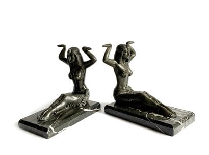 Pair of patinated bronze bookends in the...