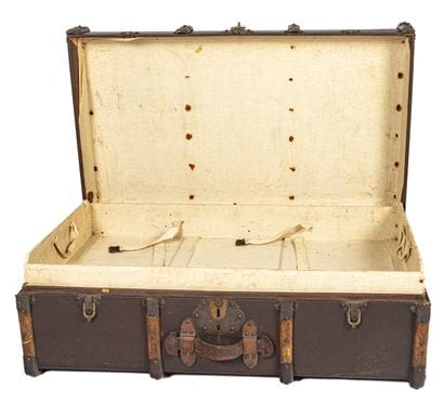 Travel trunk, made of coated fabric and wood,...