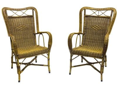 Pair of rattan armchairs, with openwork lattice-patterned...